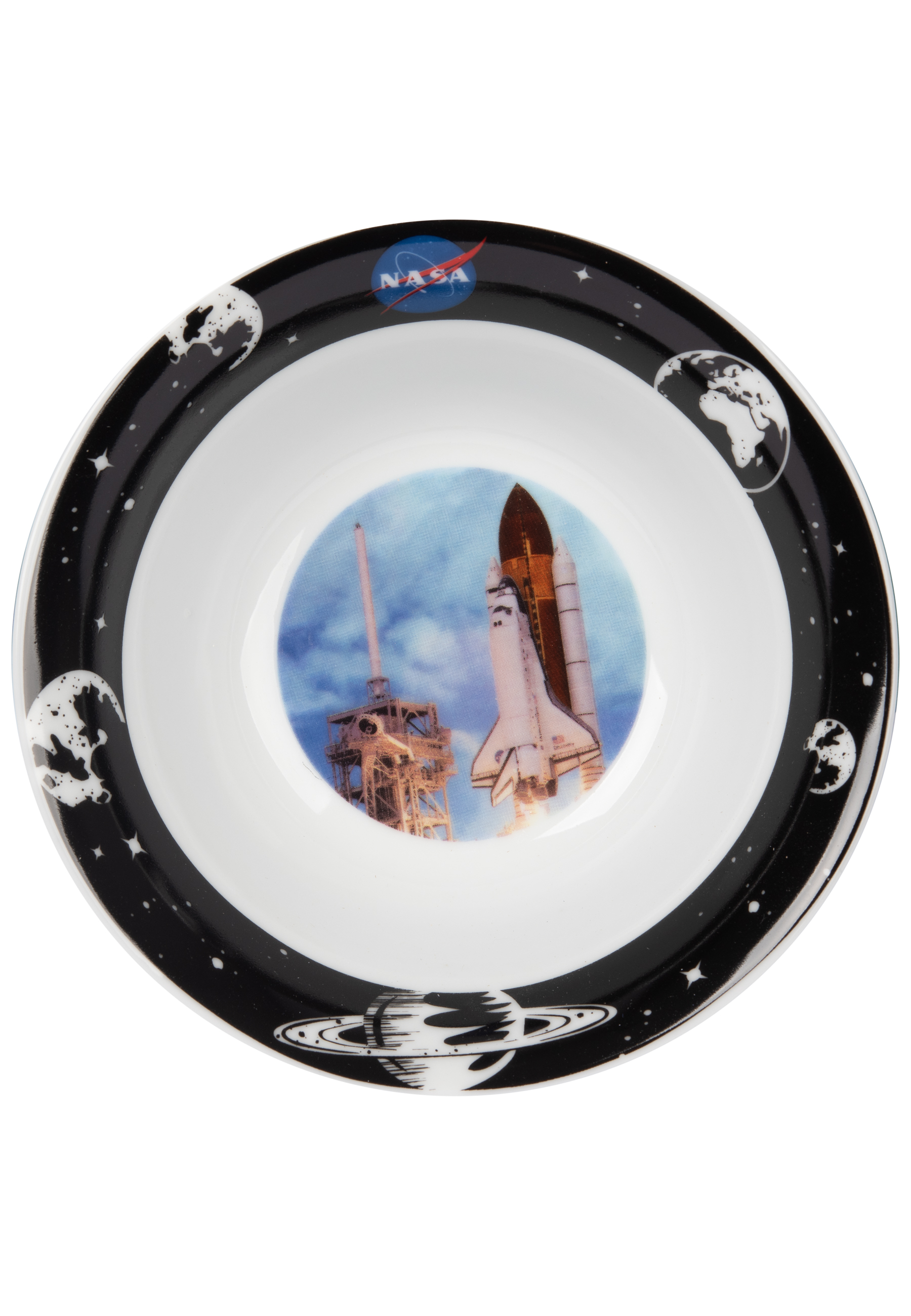 Eine weiße Schüssel mit NASA-Logo und einem Bild eines Raketenstarts.