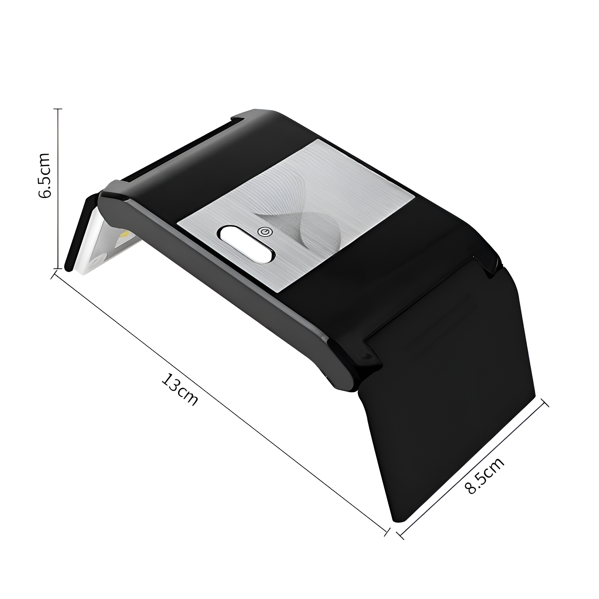 Schwarzes LED-Licht mit silbernem Mittelteil. Abmessungen sind angegeben.