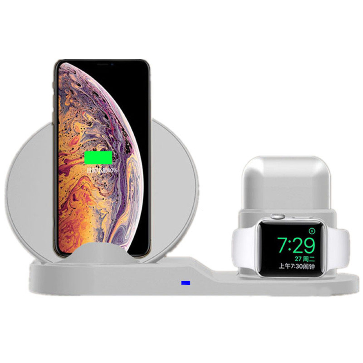 Eine weiße, kabellose Ladestation, die ein Telefon und eine Smartwatch auflädt. Das Telefon zeigt den Ladestatus.