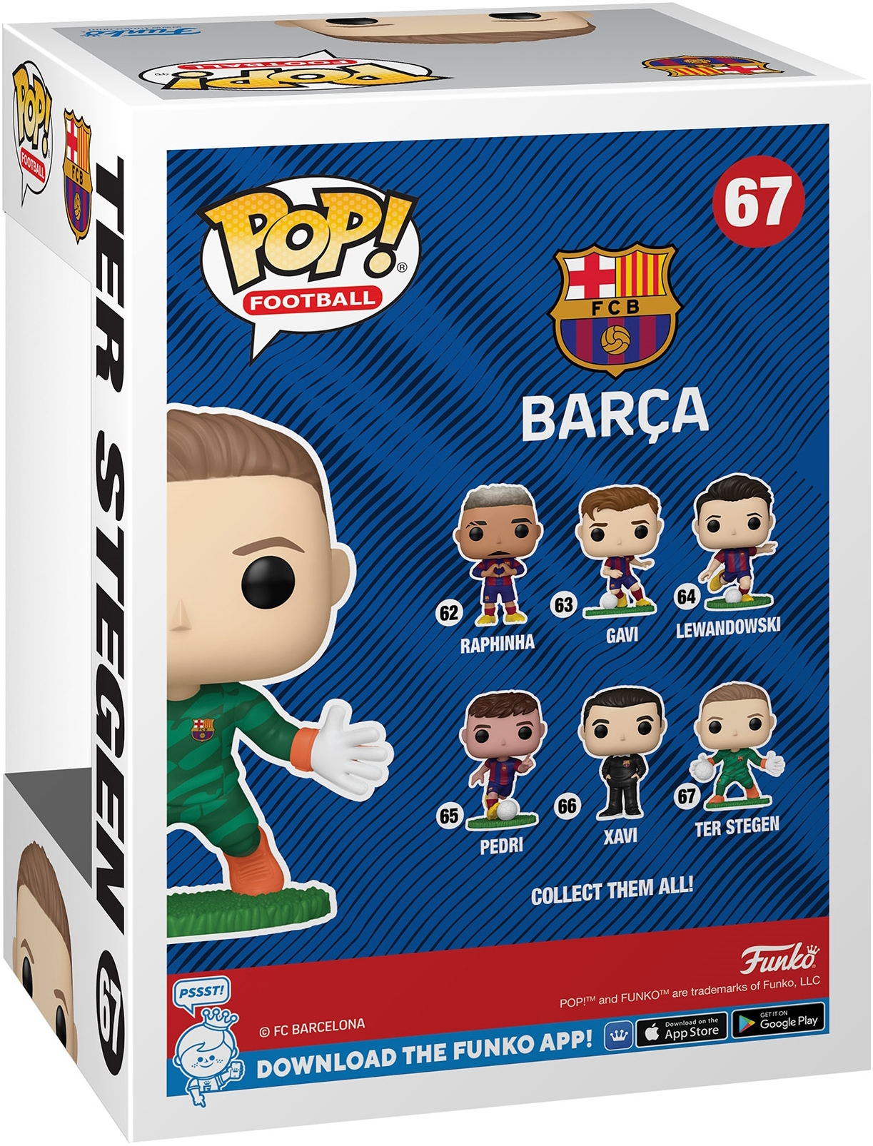 Una caja de Pop! Football con Ter Stegen, con otras figuras de jugadores en la parte trasera, incluyendo Xavi y Lewandowski.