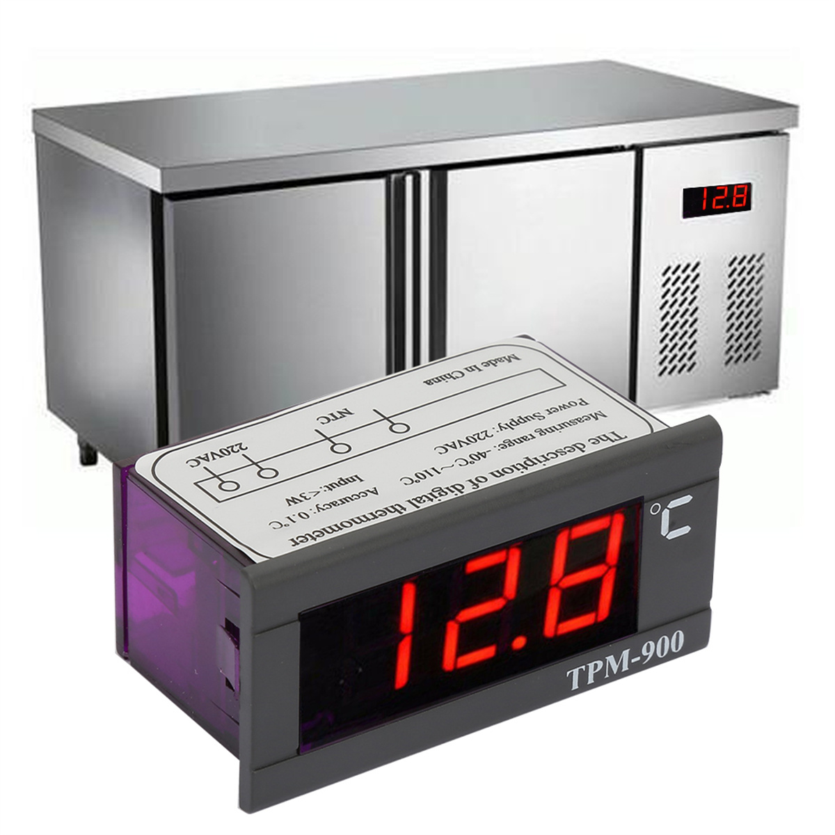 Digitales Thermometer zeigt 12,8 Grad. Edelstahlgerät im Hintergrund.