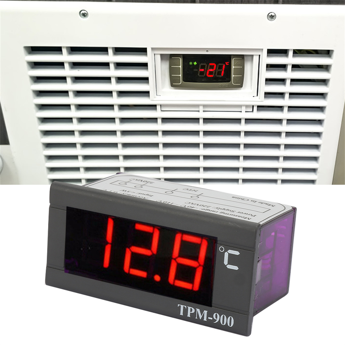 Zwei Temperaturanzeigen, eine eingebettet, die andere ein separates TPM-900-Gerät, beide mit roten Ziffern.