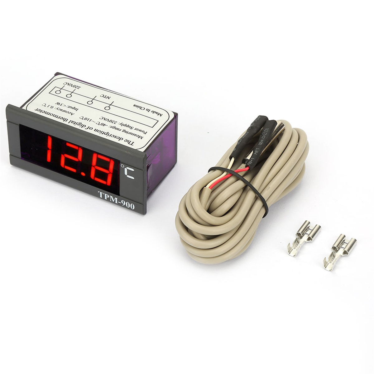 Ein digitales Thermometer mit roter Anzeige. Es hat ein schwarzes und violettes Gehäuse und zwei Metallfühler.