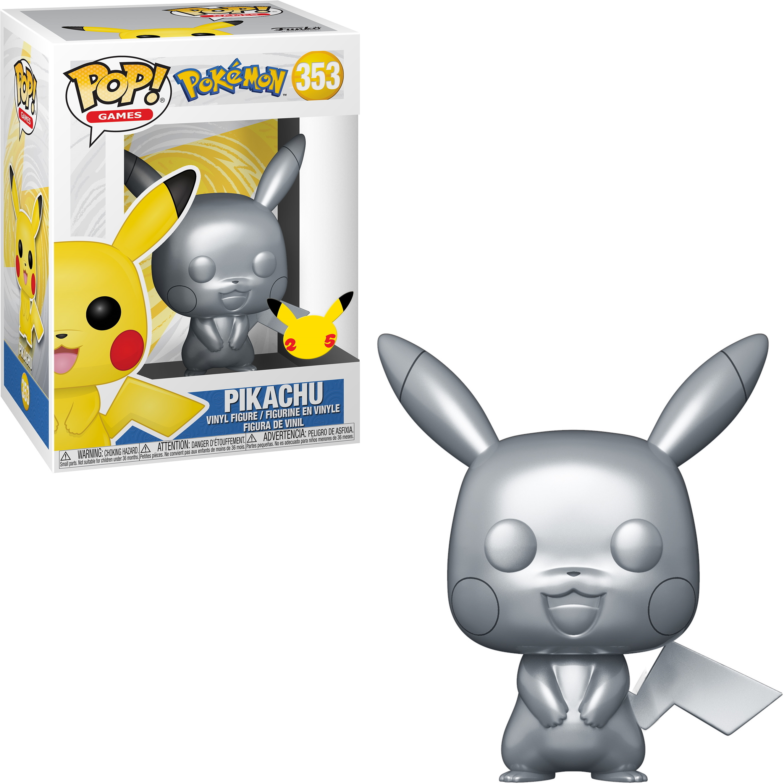 Silberne Pikachu-Figur in einer Box. Figur und Box zeigen Pikachu, eine beliebte Pokemon-Figur.