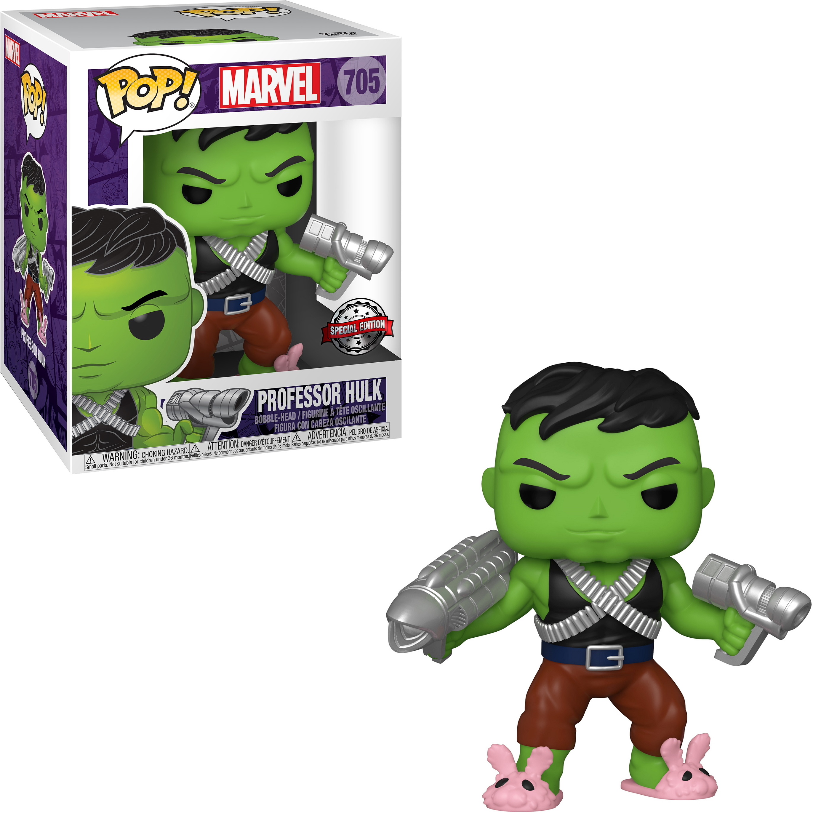 Professor Hulk Actionfigur mit Zubehör und Displaybox im Hintergrund.