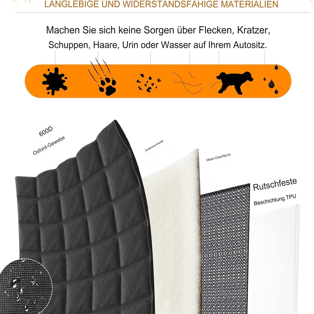 Verschiedene Schichten des Sitzbezugmaterials werden gezeigt. Die Schichten sind: 600D Oxford, Baumwolle und Mesh.