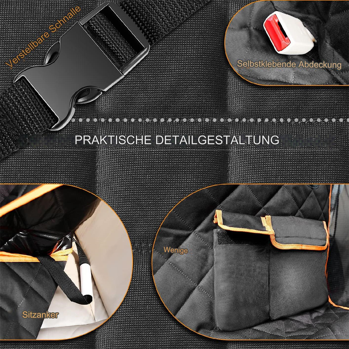 Nahaufnahme eines Autositzschutzes mit Details wie Schnallen, Taschen und einem Sicherheitsgurtbezug.