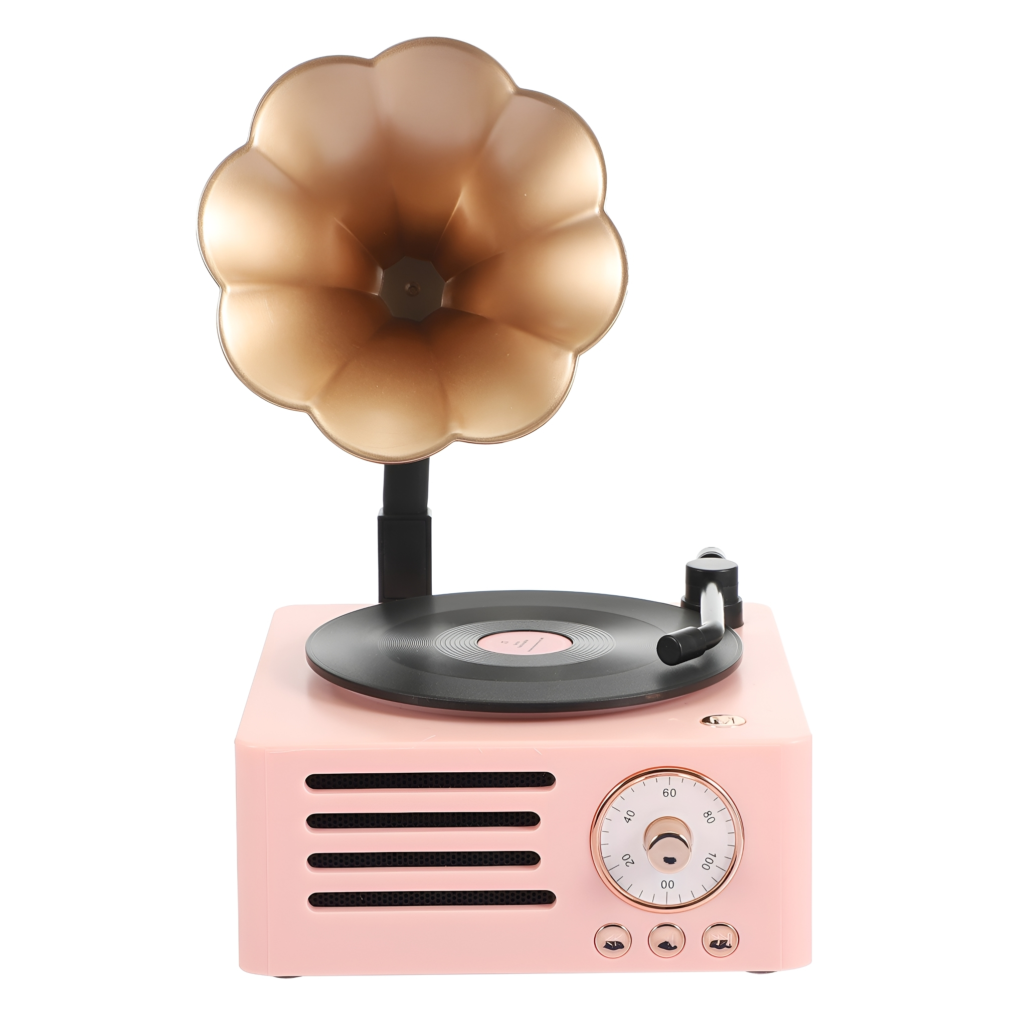 Rosa Grammofon im Retro-Stil mit goldenem Horn und schwarzer Schallplatte. Das Grammofon steht auf Weiß.