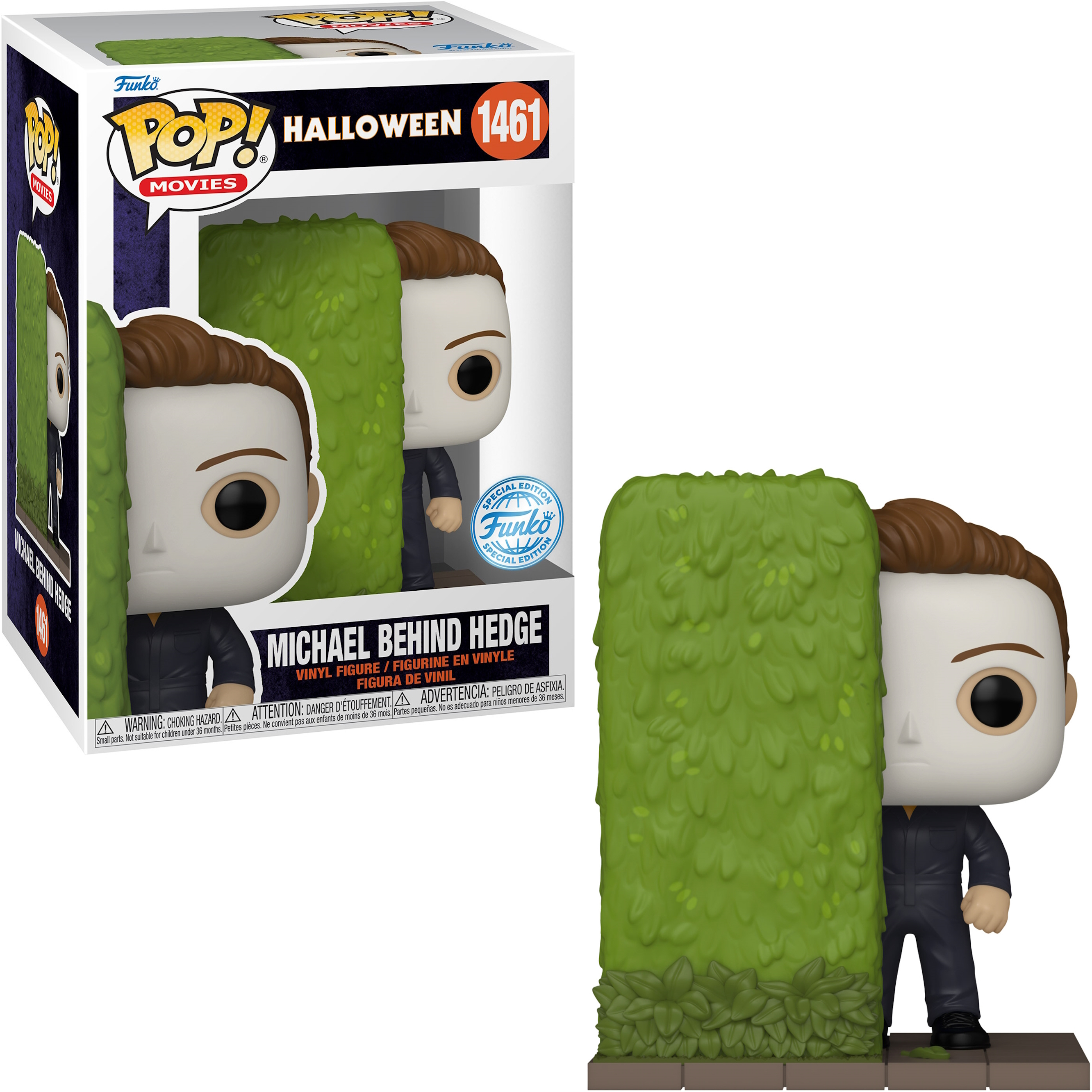 Funko Pop Figur von Michael Myers hinter einer grünen Hecke, in einer Box.