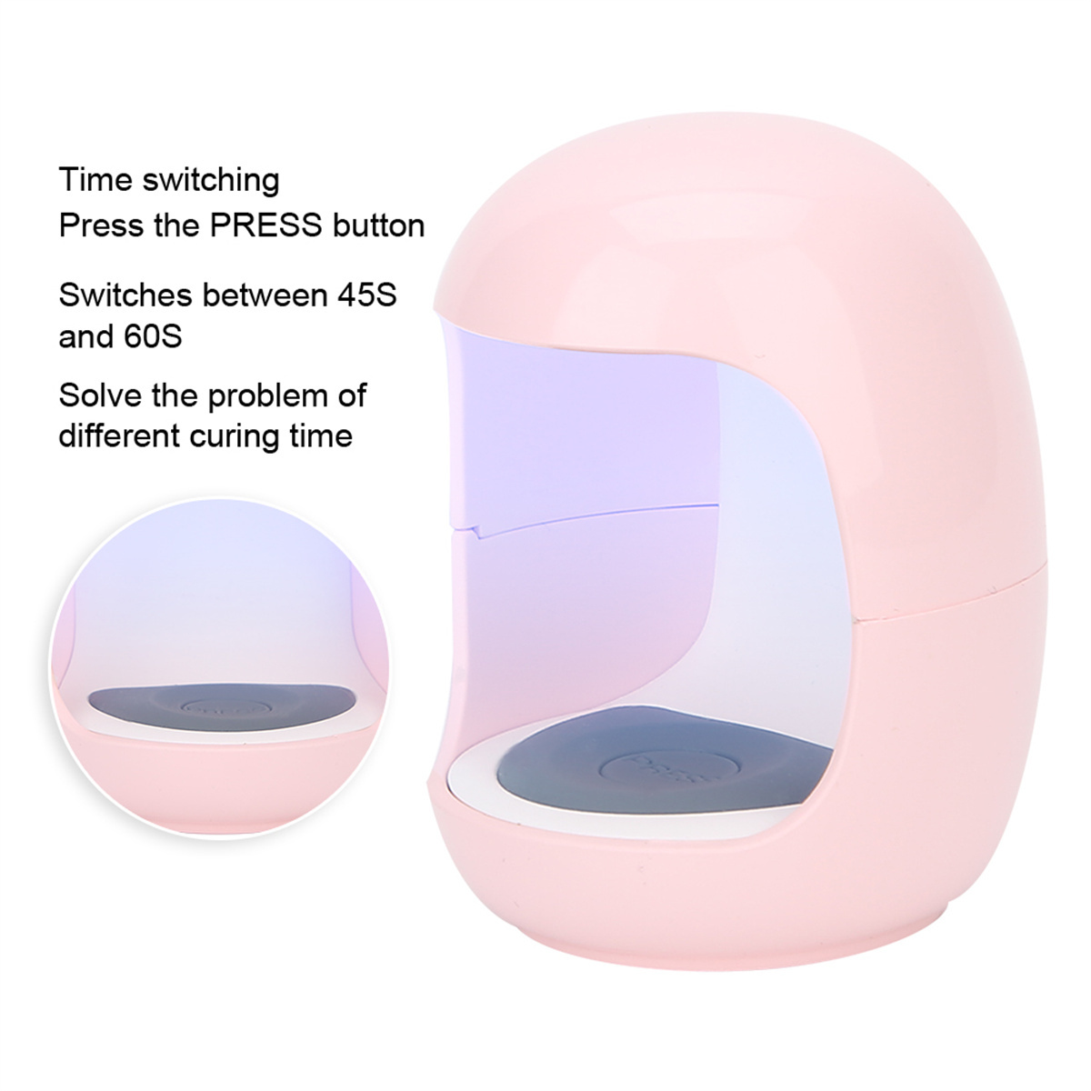 Eine rosa Nagelhärtungslampe. Sie hat ein offenes Design mit Licht im Inneren.