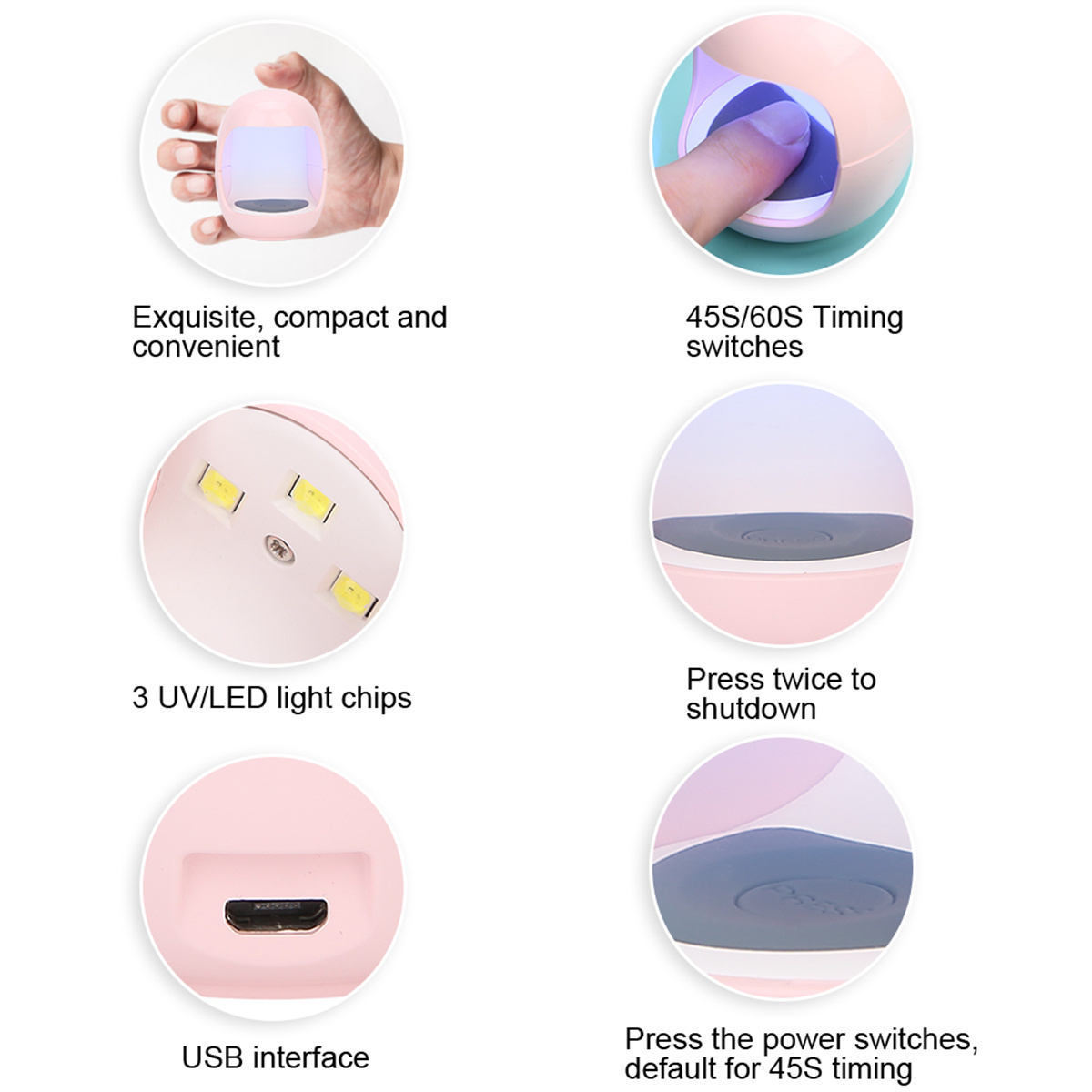Eine rosa Nagellampe mit mehreren Bildern. Es enthält Hand-, Nagel- und USB-Schnittstellendetails.