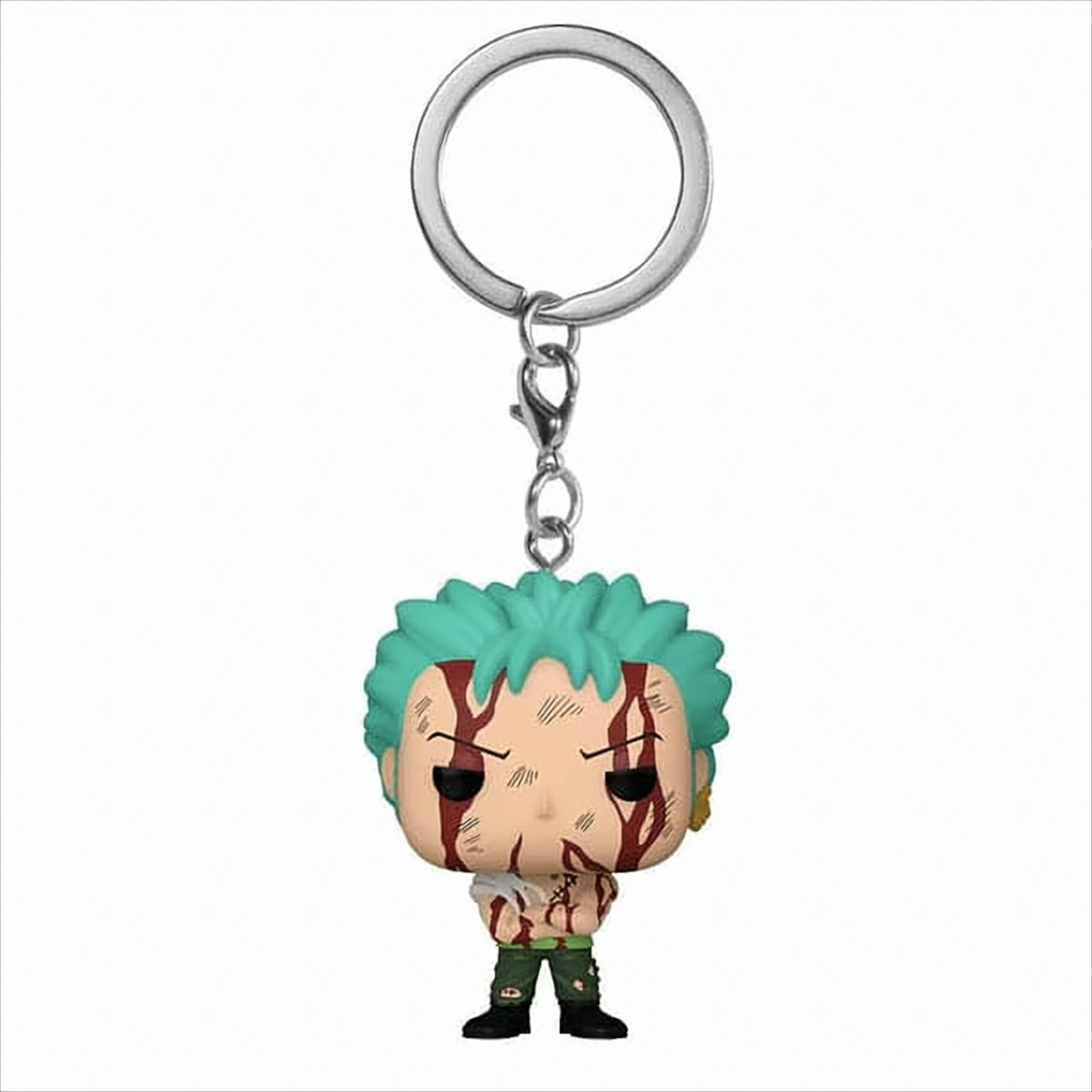Eine Funko Pop-Figur einer Zeichentrickfigur, Zoro, mit einem Schlüsselanhänger.