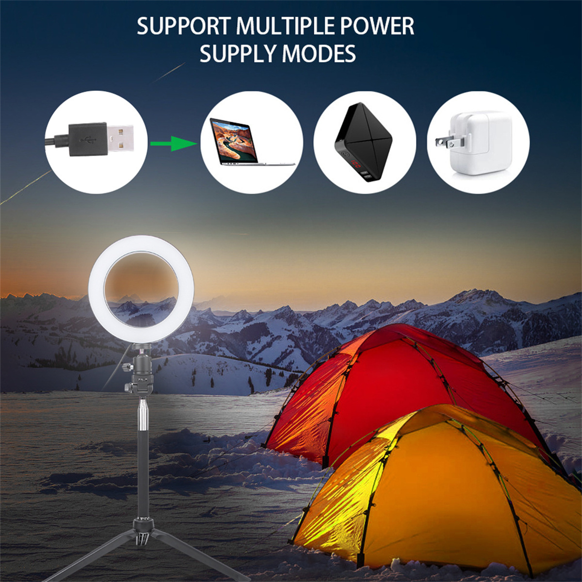 Ringlicht auf einem Stativ, mit Stromversorgungsoptionen: USB, Laptop, Powerbank und Wandadapter.