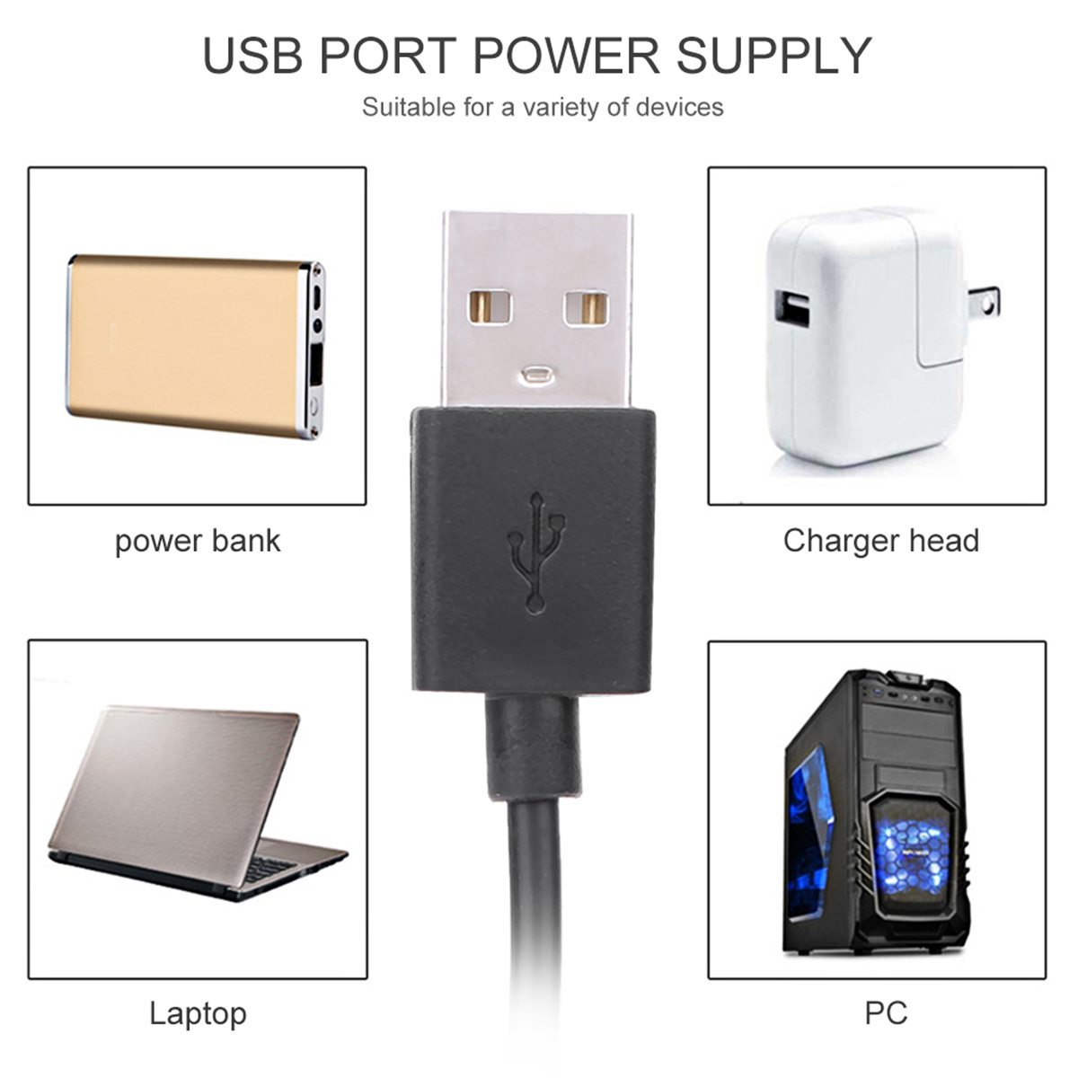 Bild mit USB-Kabel, das mit verschiedenen Geräten verbunden ist: Powerbank, Ladegerät, Laptop und PC.
