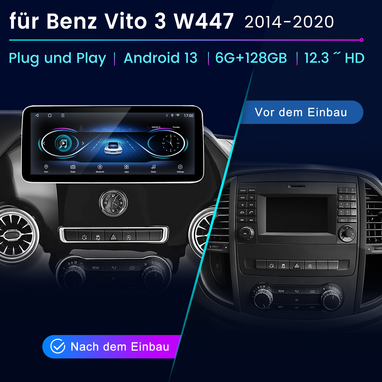 Armaturenbrett eines Autos mit einem Bildschirm, der Innen- und Außenansichten zeigt.