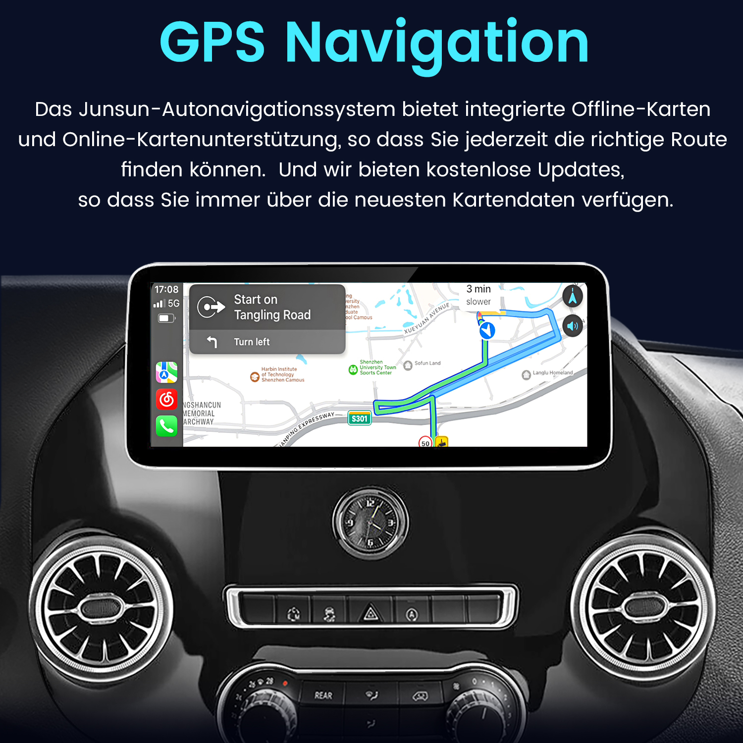 Ein Armaturenbrett mit einem GPS-Navigationsbildschirm, der eine Route mit Text und Kartendetails anzeigt.