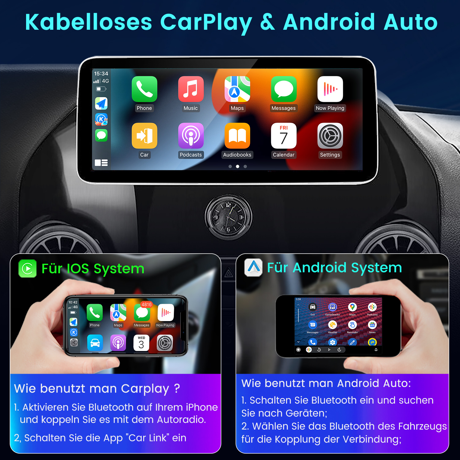 Bildschirme, die eine Autoschnittstelle für iOS- und Android-Systeme zeigen. Anweisungen sind für jedes System vorhanden.