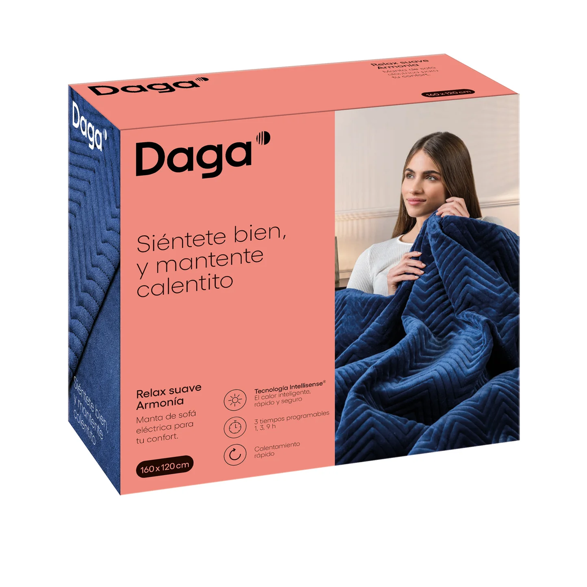 Una caja con una manta. La caja es roja y tiene el logo de Daga.