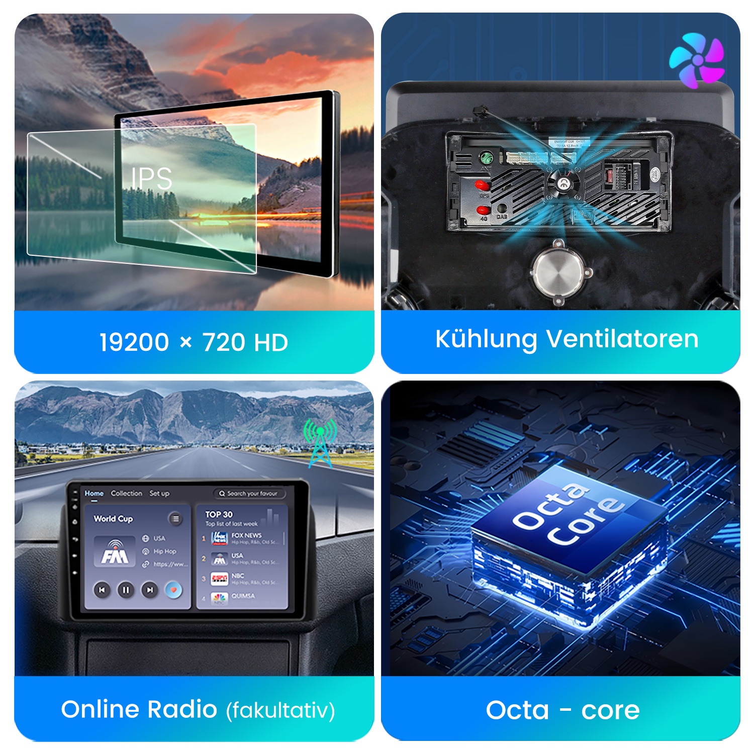 Vier Bilder, die ein Autoradio mit Touchscreen, Radiosendern und den Octa-Core-Chip zeigen.