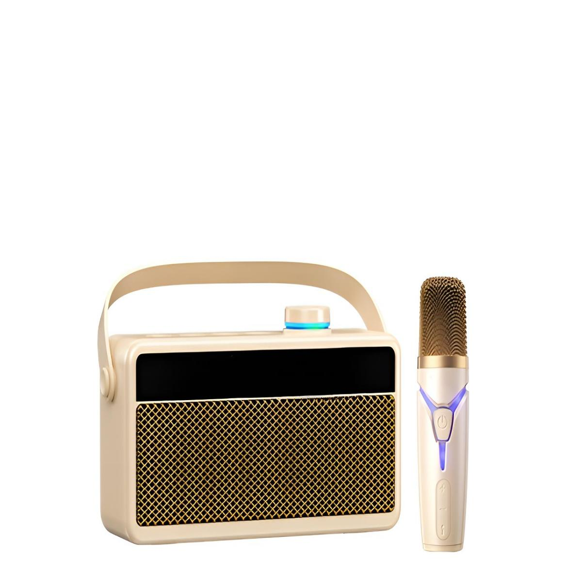 Beiger Lautsprecher im Retro-Stil und ein Mikrofon. Der Lautsprecher hat einen Griff.