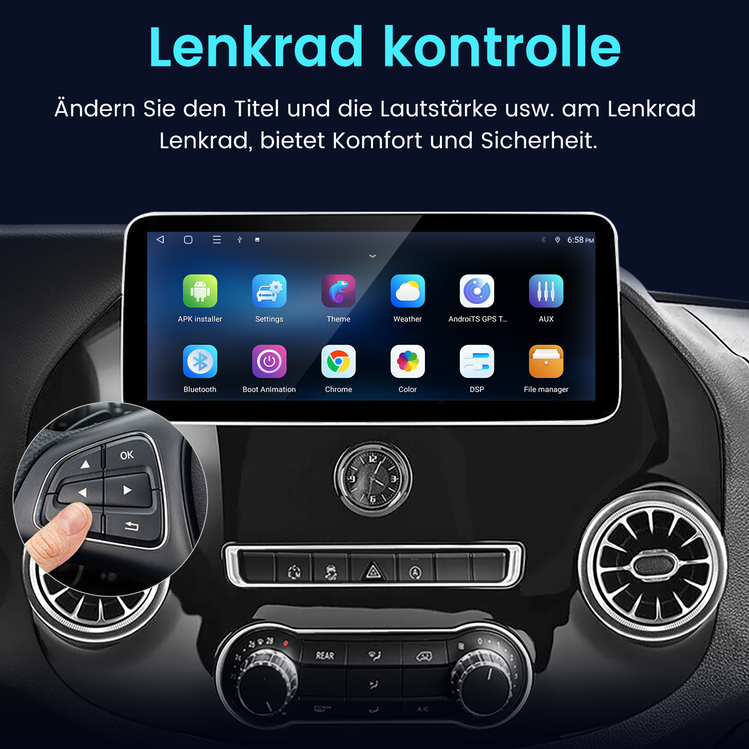 Das Armaturenbrett eines Autos mit einem Bildschirm, der Einstellungen anzeigt, und einer Hand, die einen Knopf berührt.