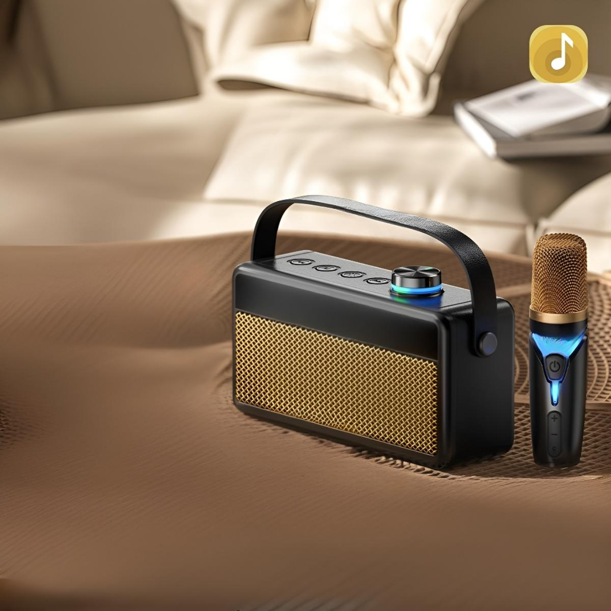 Schwarzer und goldener Retro-Lautsprecher mit Mikrofon auf brauner Oberfläche.