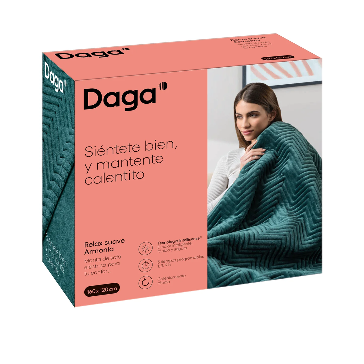 Caja con mujer, sujetando manta verde. Texto 'Daga' e info del producto en blanco.