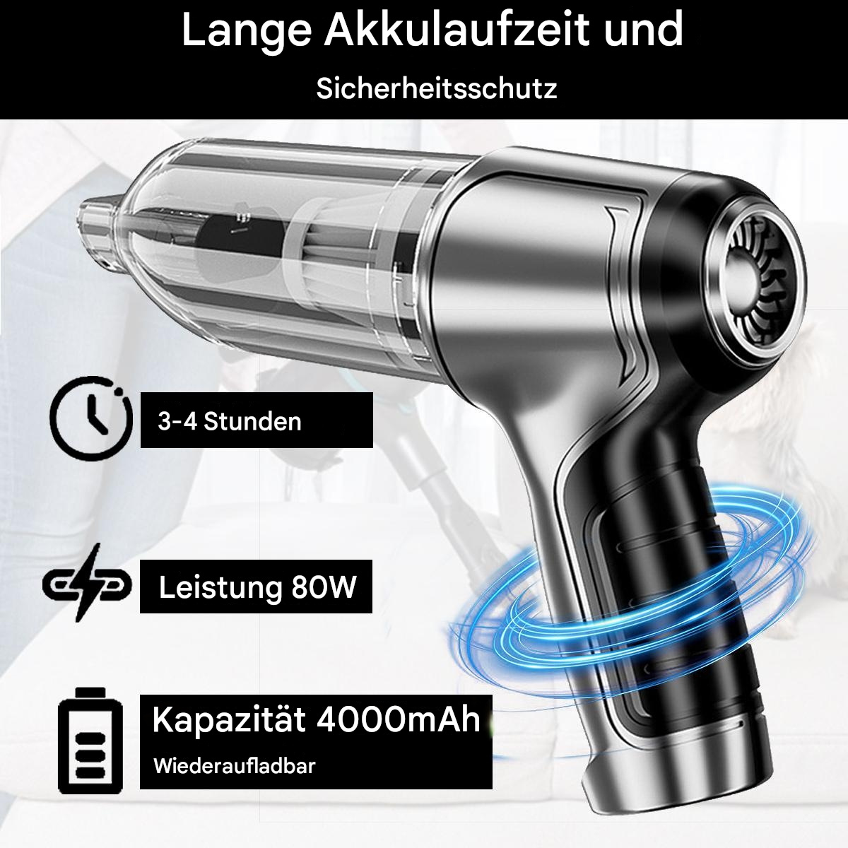 Metallischer Handstaubsauger mit Spezifikationen. Zeigt einen 4000mAh Akku, 80W Leistung und 3-4 Stunden Nutzung.