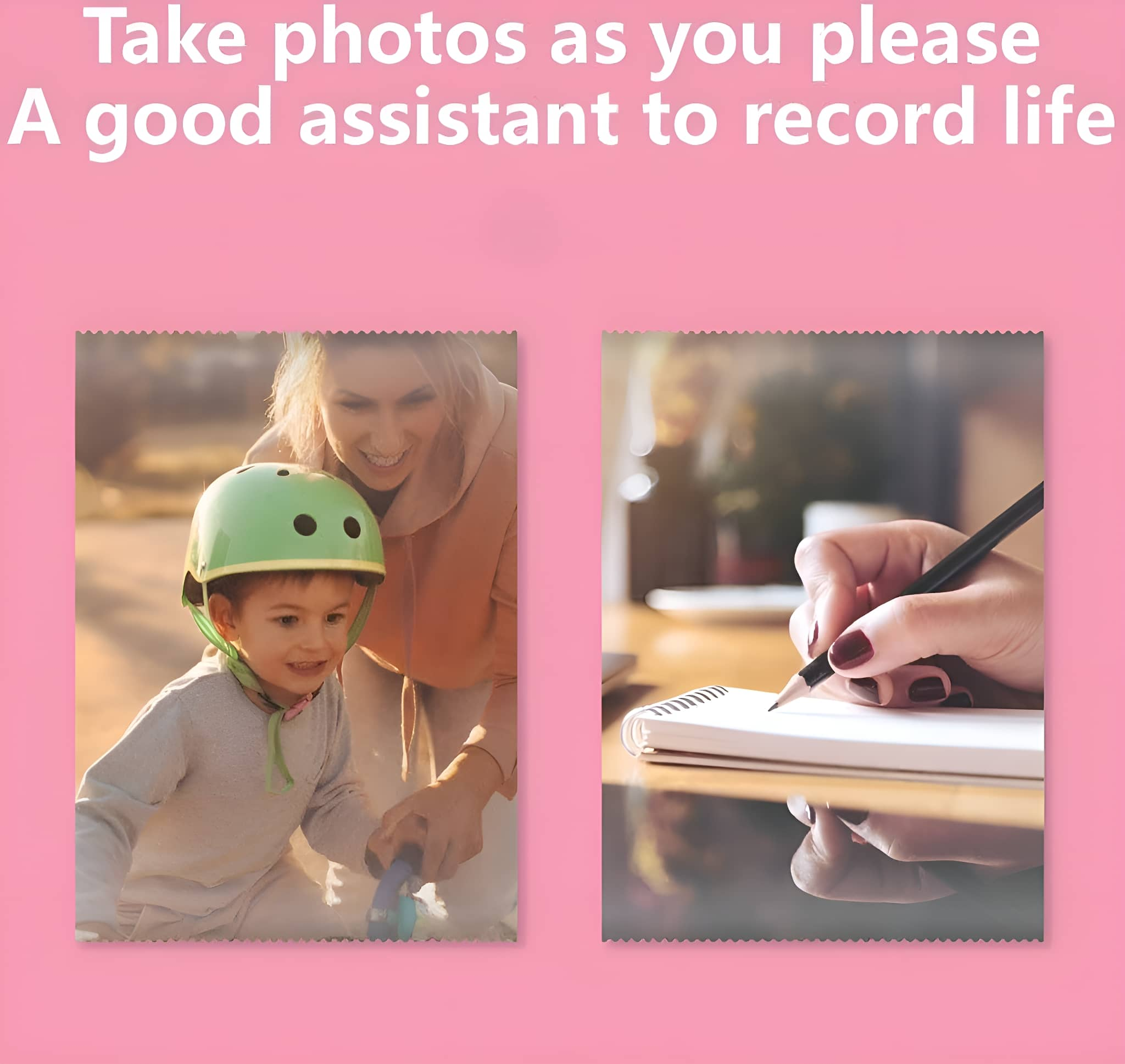 Frau und Kind, sowie eine Hand, die in ein Notizbuch schreibt, mit Text auf pinkfarbenem Hintergrund.