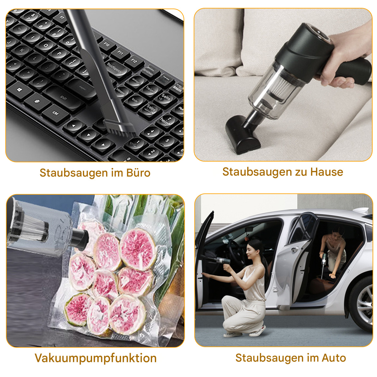 Vier Bilder: Tastaturreinigung, Staubsaugen zu Hause, Vakuumversiegelung und Staubsaugen im Auto.