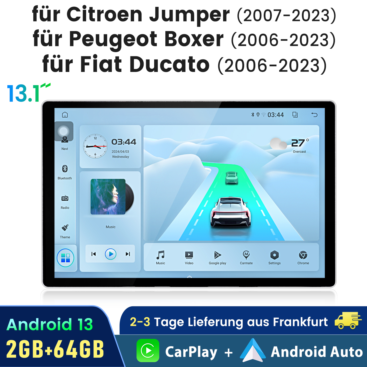 Ein Autoradio-Bildschirm zeigt Zeit, Navigation und Musiksteuerung mit einem Logo.