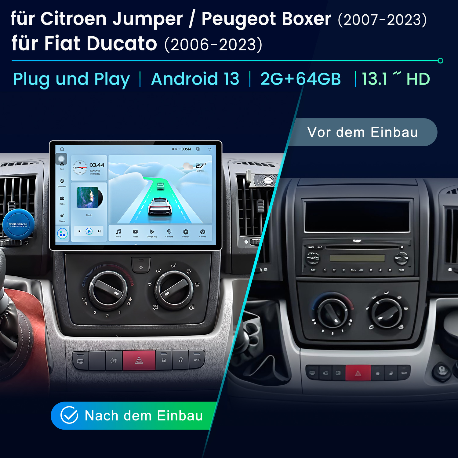 Autoradio mit Bildschirm installiert. Vorher- und Nachher-Ansicht. Zeigt Armaturenbrett und Bildschirmanzeige.