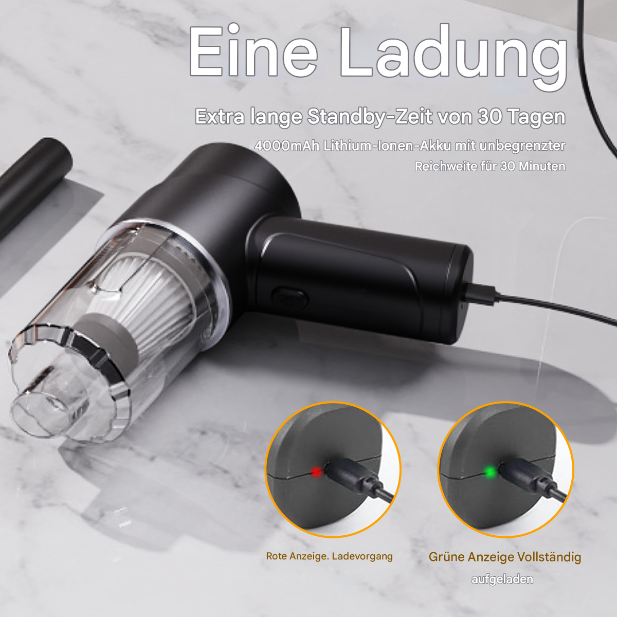 Schwarzer Akku-Staubsauger mit Ladeanzeigen. Text: lange Standby-Zeit, 4000mAh Akku.