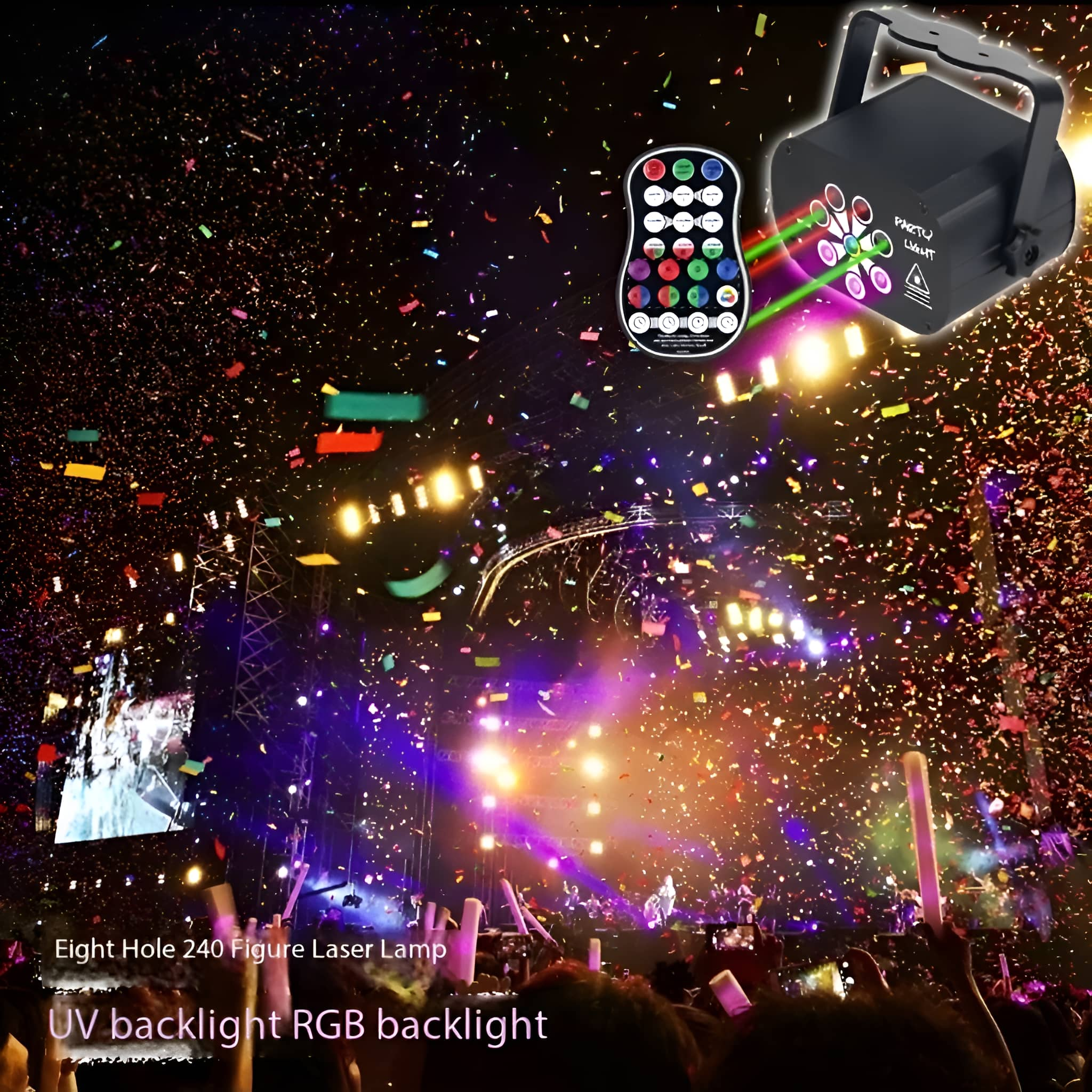 Party-Lichtprojektor mit Fernbedienung und einem mit Konfetti gefüllten Hintergrund.