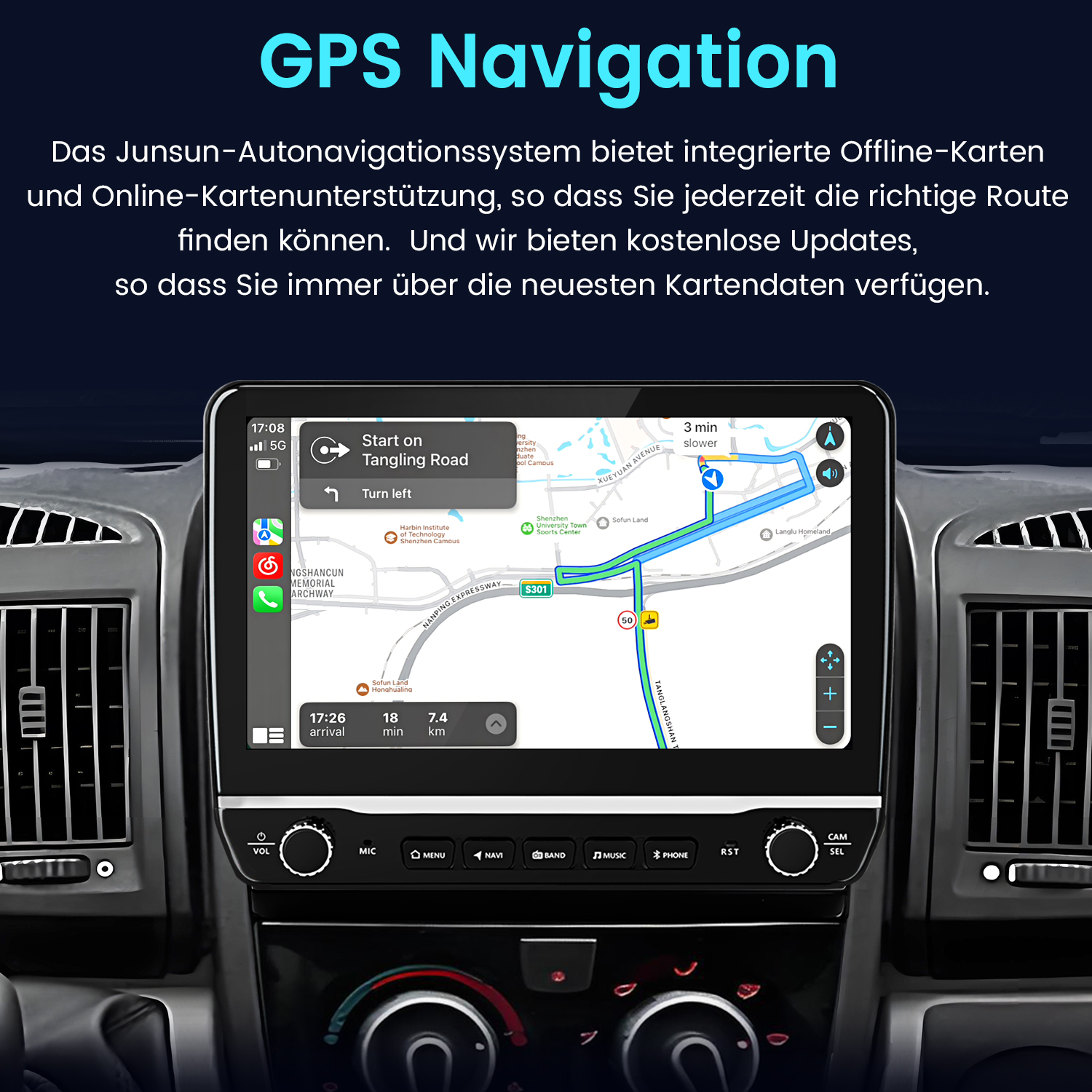 Deska rozdzielcza samochodu z ekranem nawigacji wyświetlającym mapę. Tekst: Nawigacja GPS.