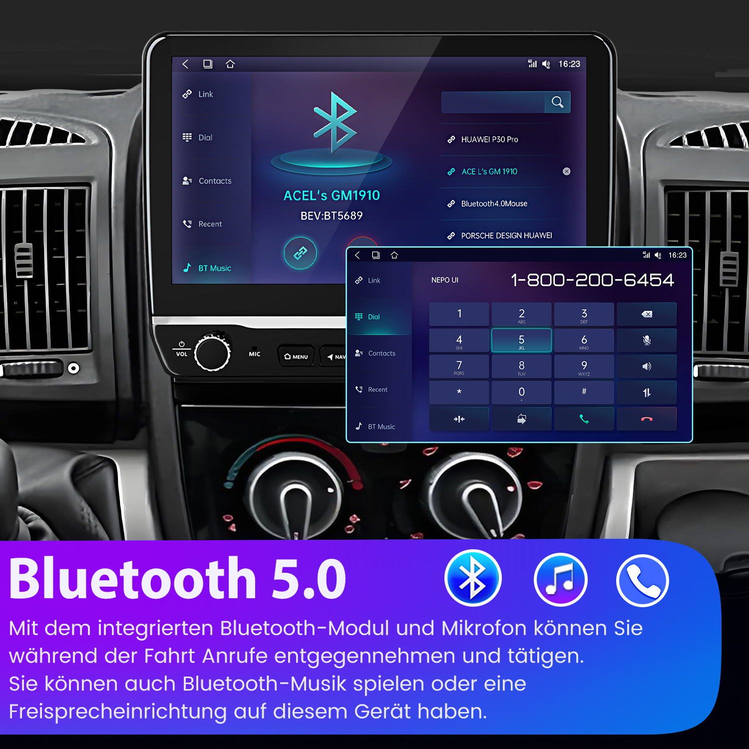 Ekran deski rozdzielczej z dialerem i klawiaturą telefonu. Informacje o Bluetooth 5.0.