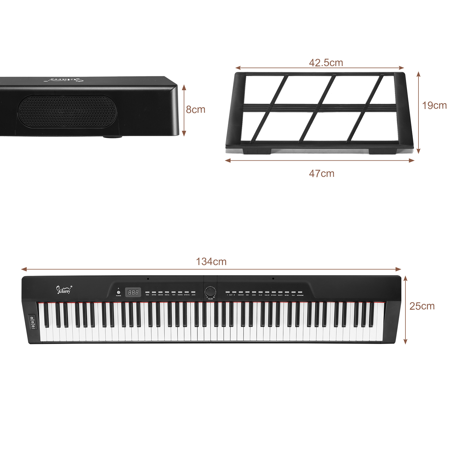 Schwarzes Digitalpiano mit Maßen. Enthält einen Lautsprecher und einen Ständer. Tasten, Knöpfe, Display.