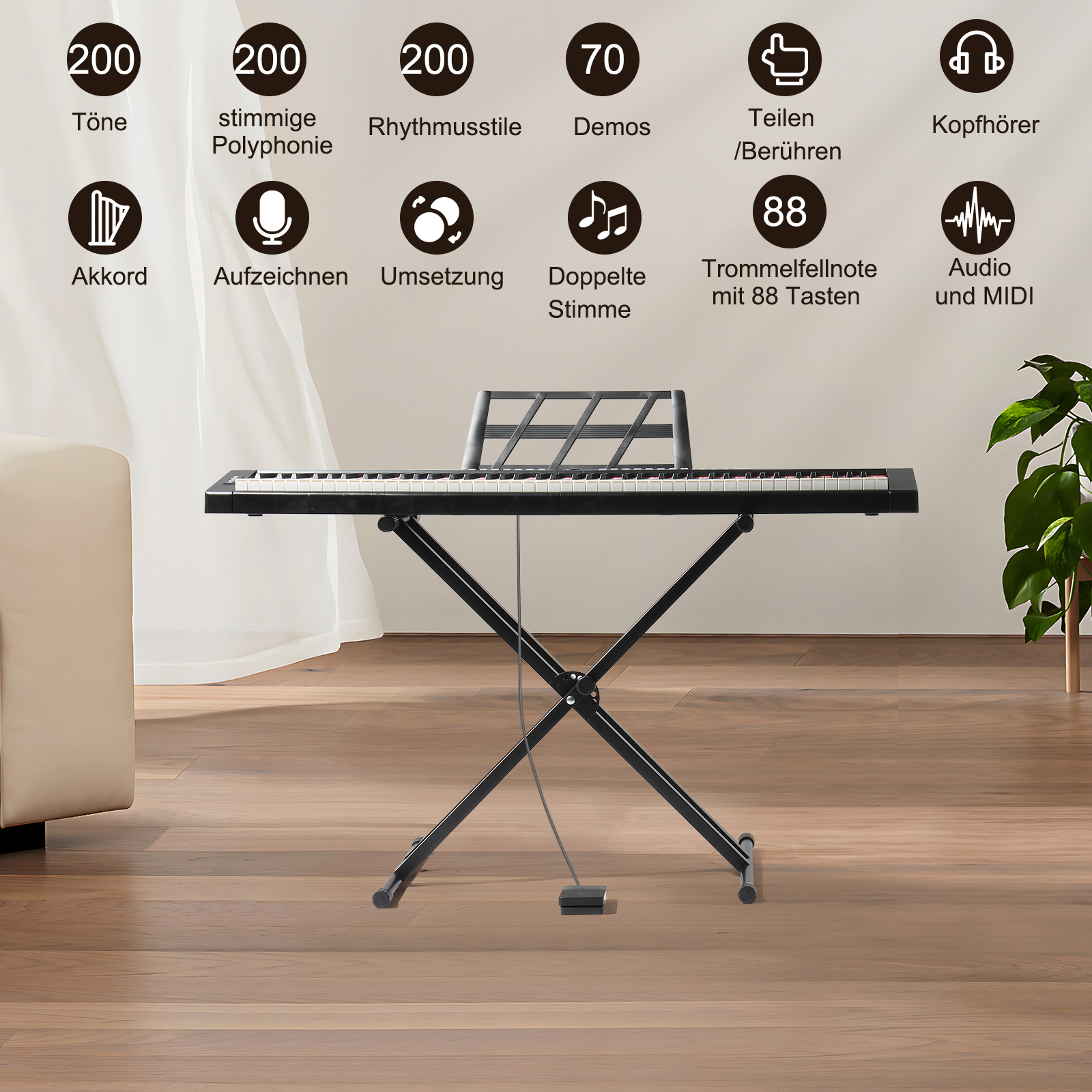 Eine schwarze Tastatur auf einem Ständer. Oberhalb befinden sich Symbole für Funktionen.