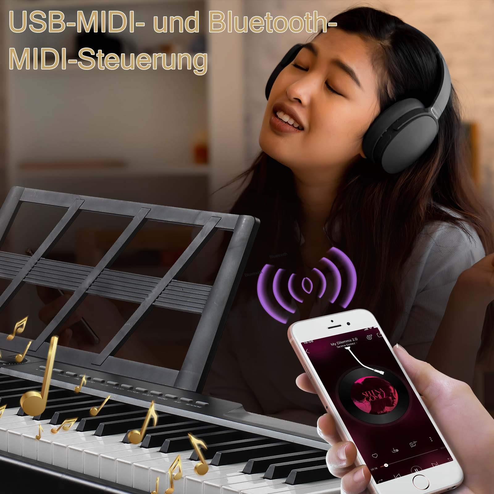 Frau mit Kopfhörern singt, spielt Keyboard mit Noten. Telefon zeigt Musik-App, mit goldenen Noten.