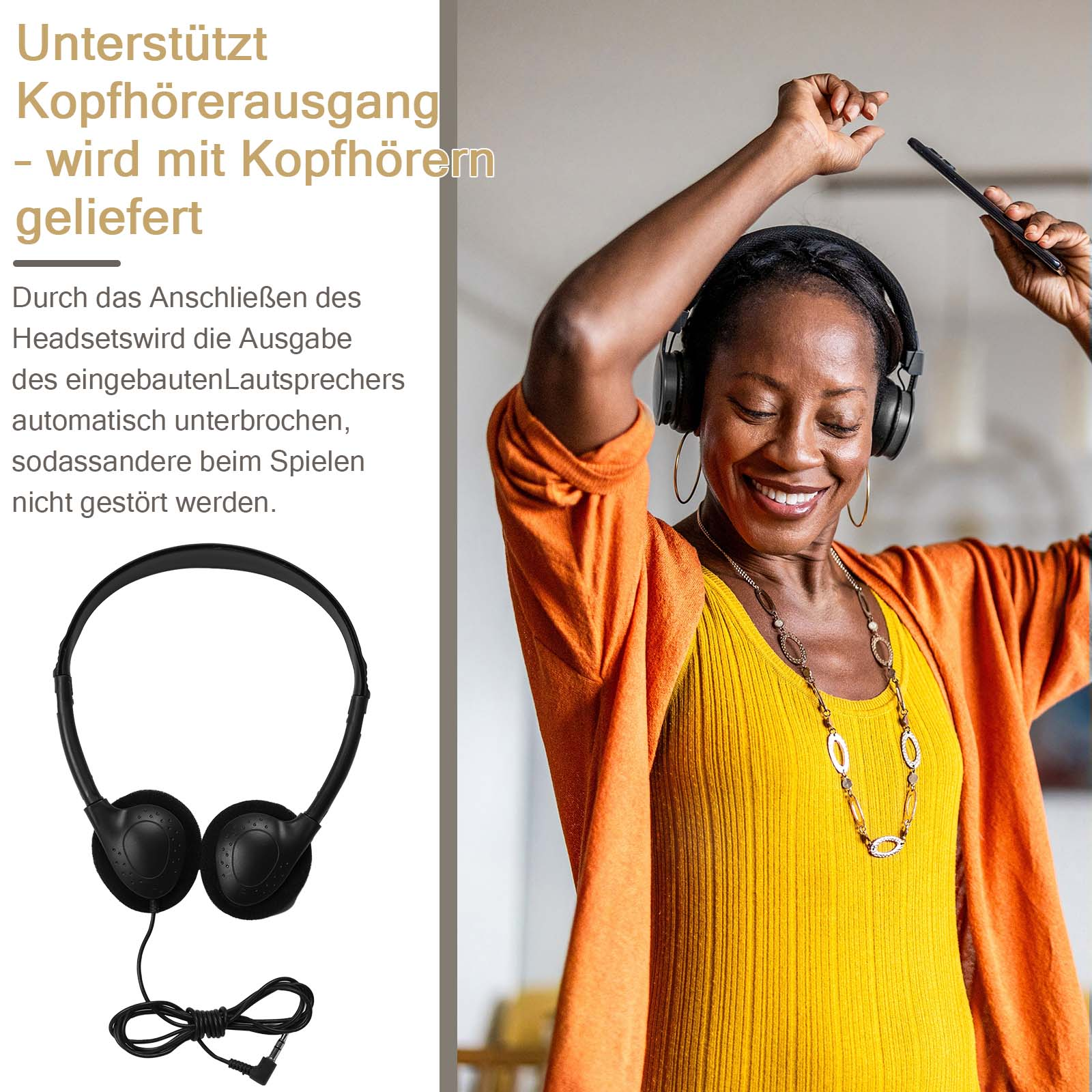 Frau mit Kopfhörern, lächelnd, hält Telefon. Kopfhörer und Kabel sind ebenfalls abgebildet.