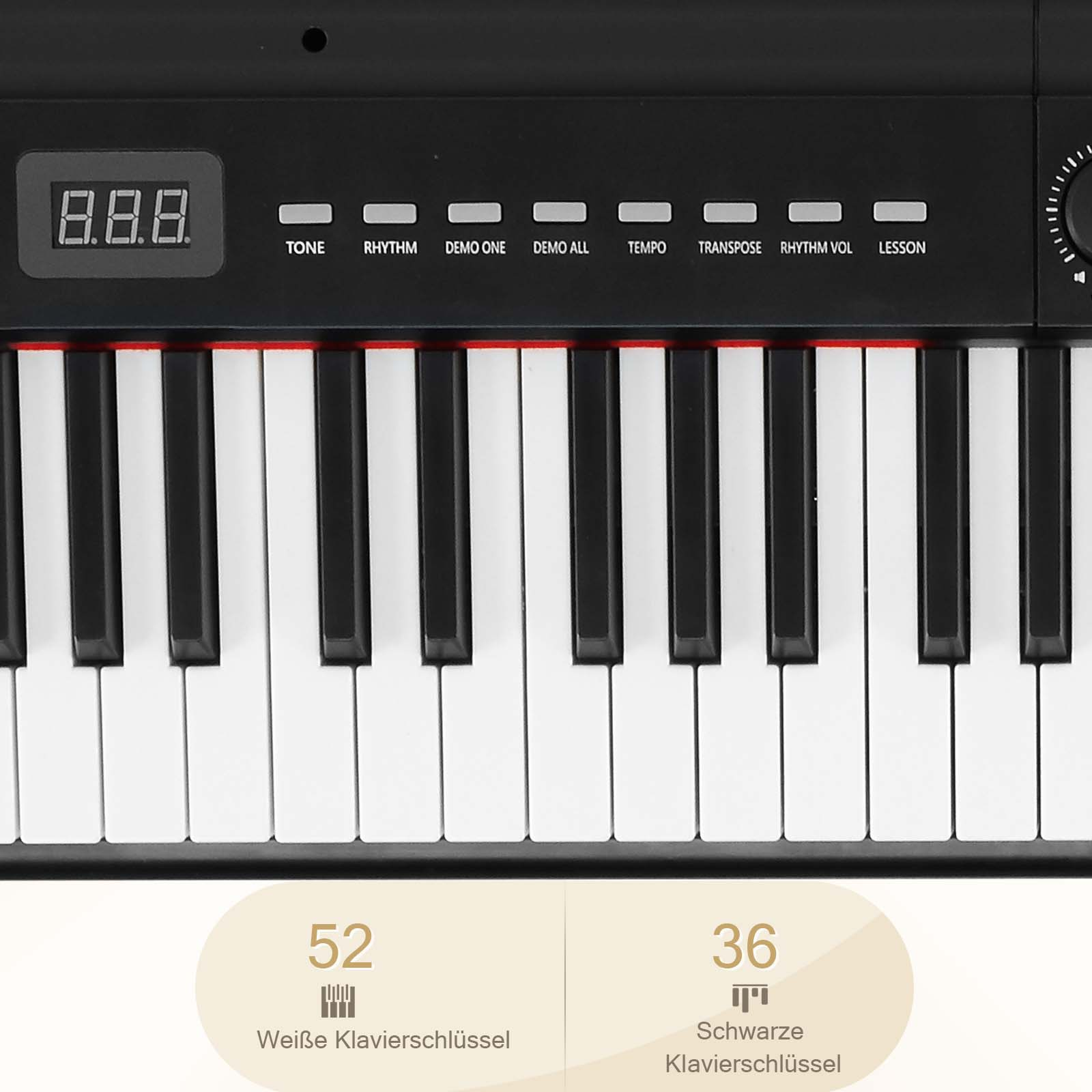 Nahaufnahme einer Klaviertastatur. Das Klavier hat weiße und schwarze Tasten. Oben befinden sich Bedienelemente.