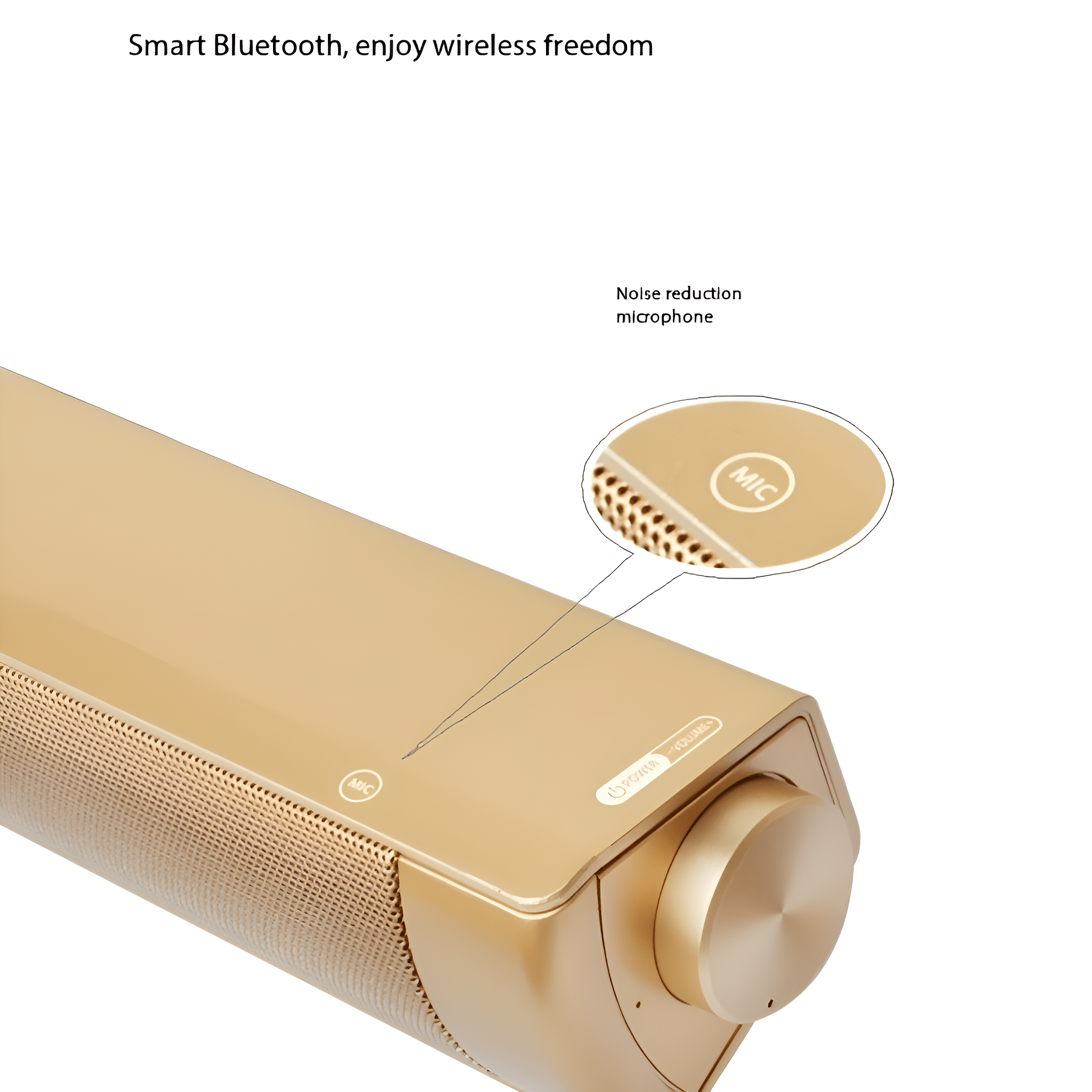 Goldene Soundbar mit Mesh-Front und Power-Taste. Das Mikrofon ist beschriftet. Der Text lautet 'Wireless Freedom'.