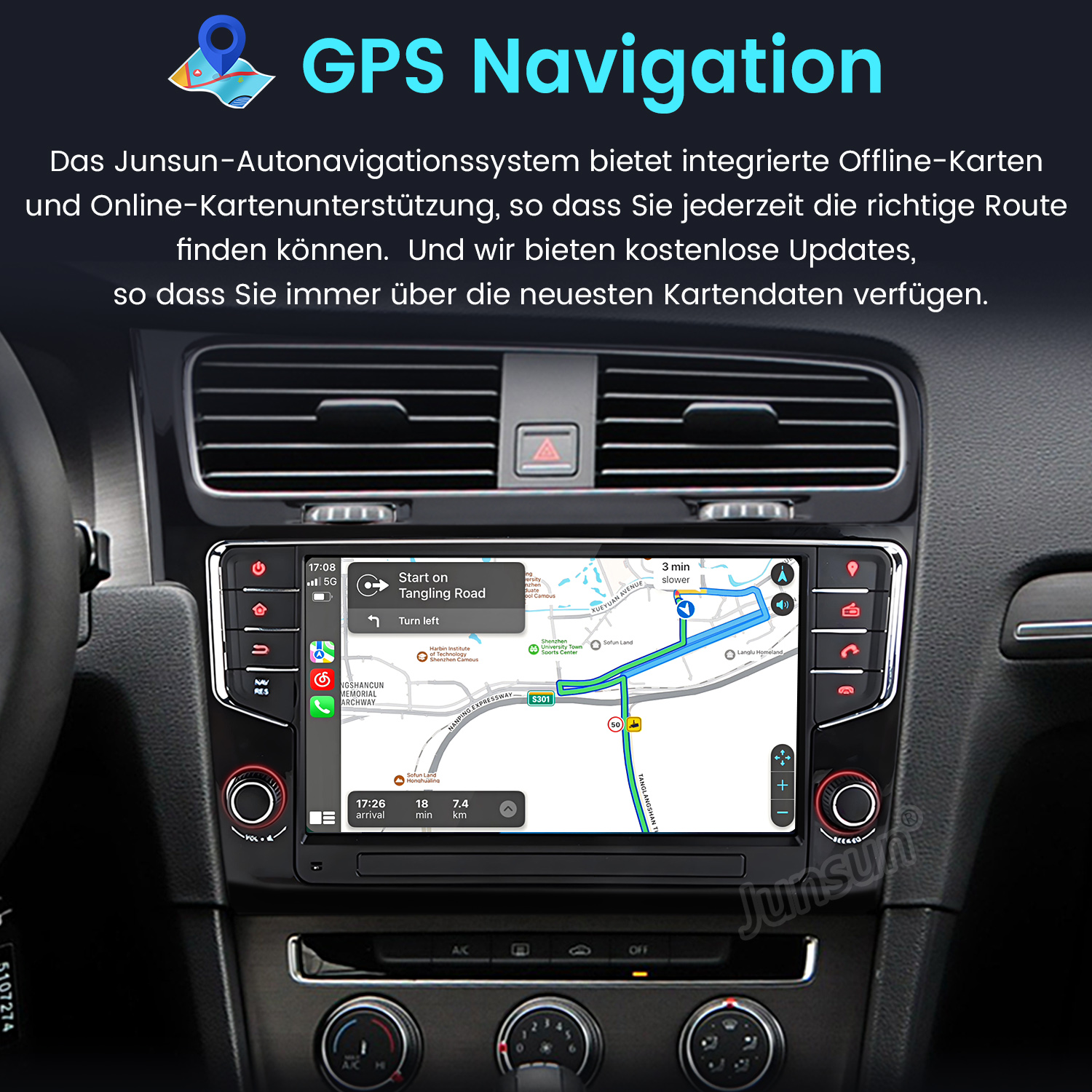 Armaturenbrett eines Autos mit GPS-Navigation. Bildschirm zeigt Karte mit Abbiegehinweisen und Navigationseinstellungen.