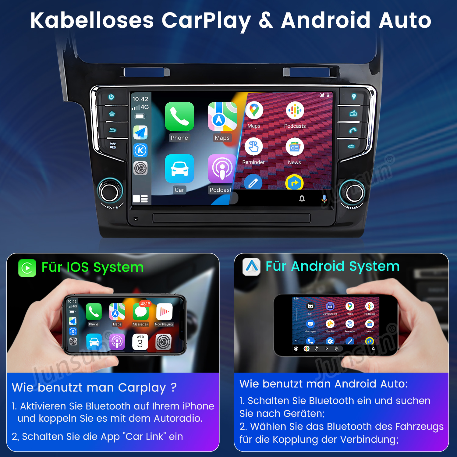 Ekran systemu informacyjno-rozrywkowego w samochodzie, pokazujący nawigację i ikony aplikacji, z konfiguracją telefonu i Android Carplay.