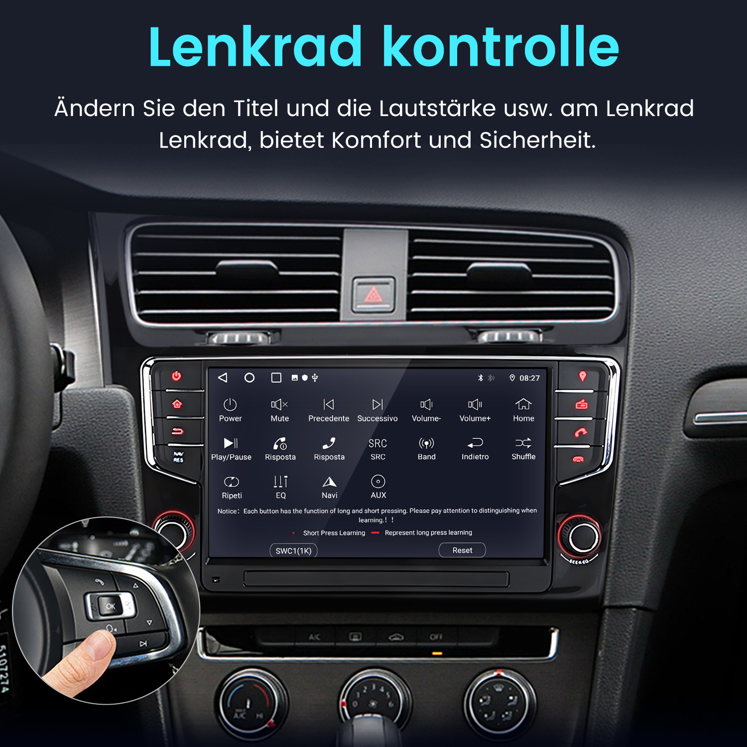 Autoradio-Bildschirm mit Lenkradbedienelementen und Nahaufnahme des Lenkrads.