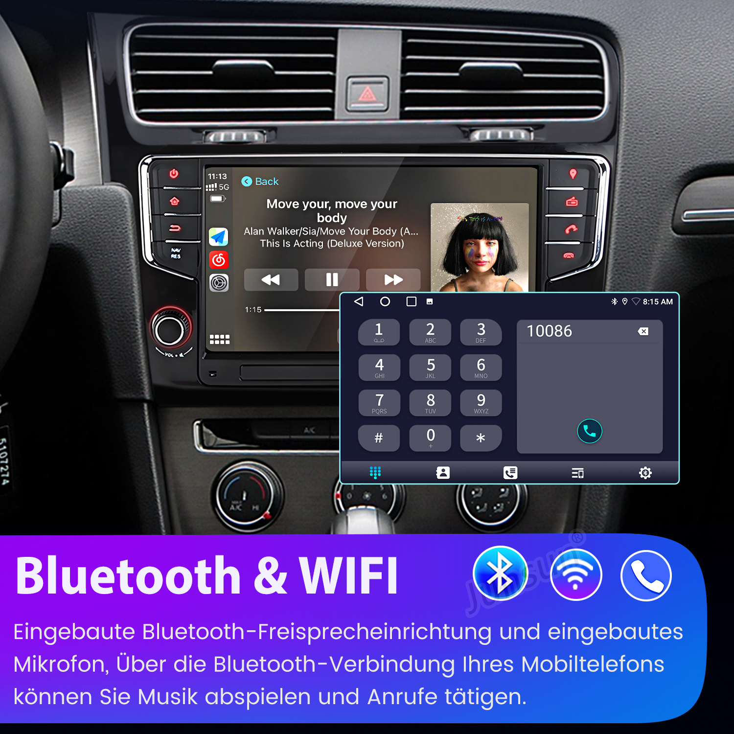 Ein Auto-Multimedia-Bildschirm zeigt Musikbedienelemente und ein Ziffernfeld.