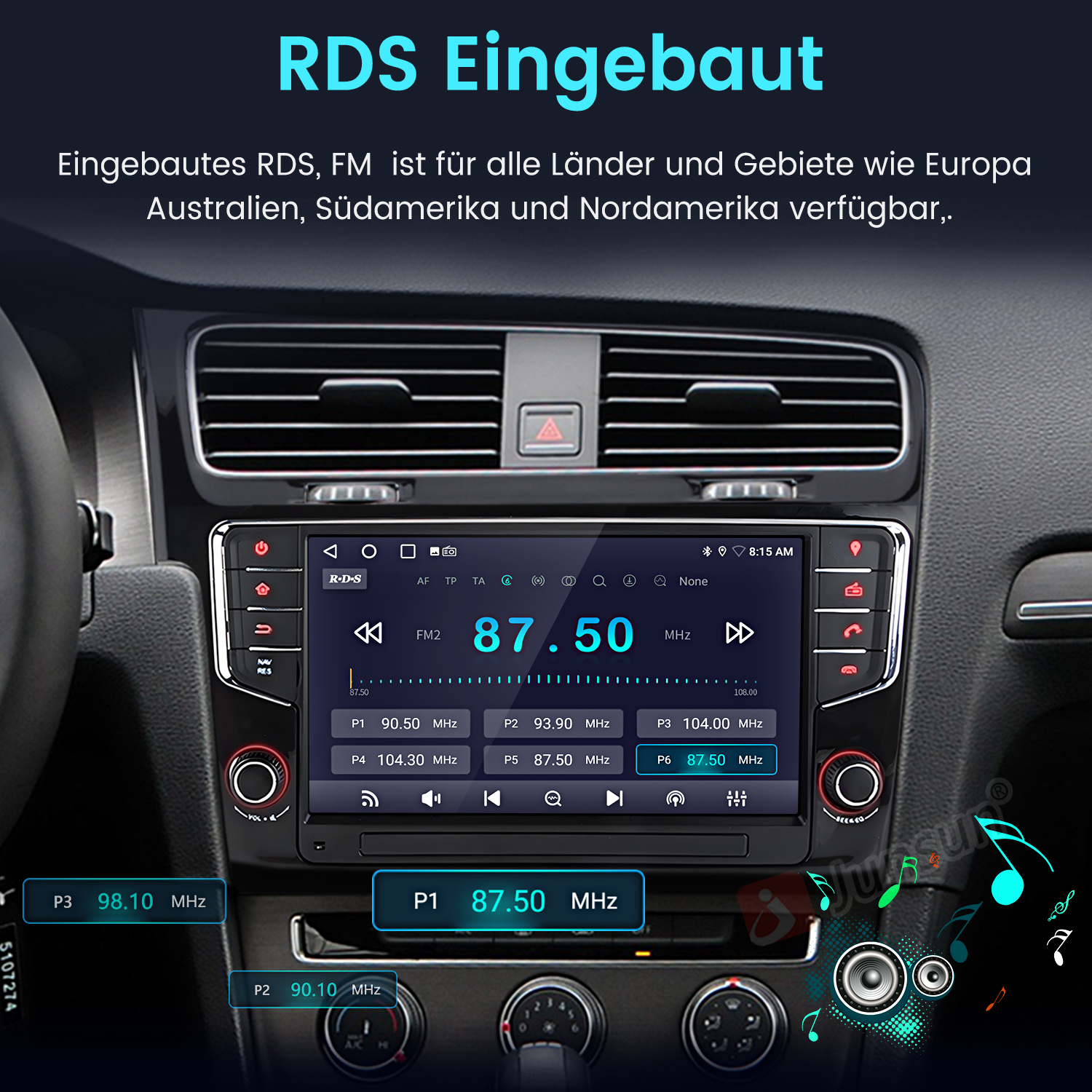 Ein Autoradio-Bildschirm, der Einstellungen anzeigt. Der Bildschirm zeigt Radiofrequenzen und Tasten.