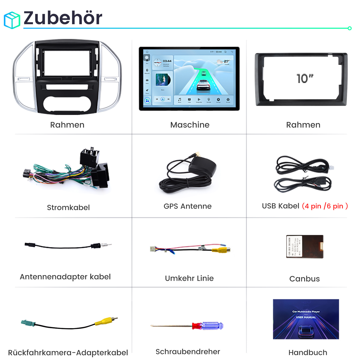 Części odtwarzacza multimedialnego do samochodu: ramki, kable, antena GPS i instrukcja obsługi.