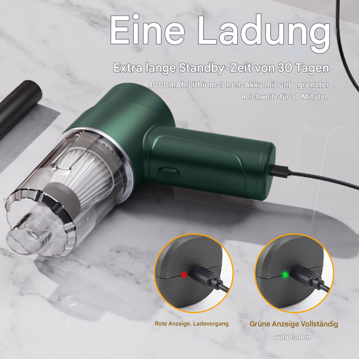 Grüner Handstaubsauger mit Ladeanzeigen und Text auf Deutsch.