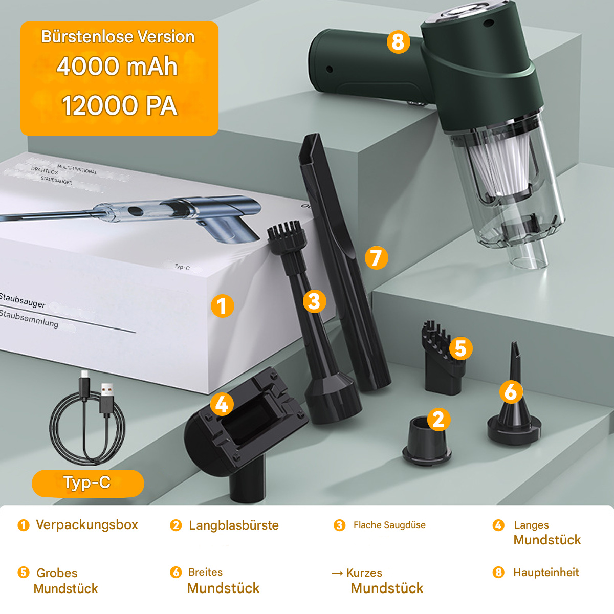 Staubsauger mit Aufsätzen. Box und Typ-C-Kabel. Textlabels für Teile.
